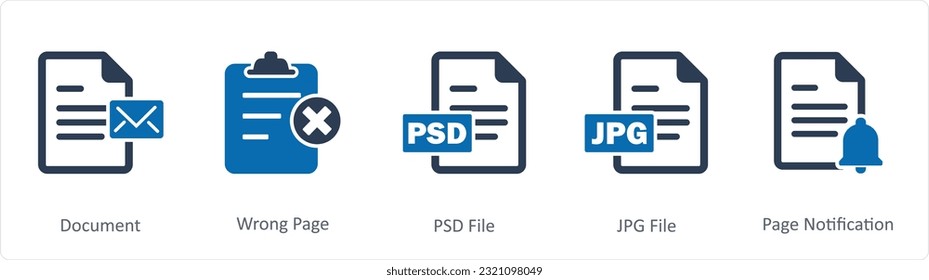 A set of 5 Document icons as document, wrong page, psd file