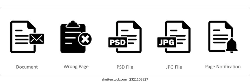 A set of 5 Document icons as document, wrong page, psd file