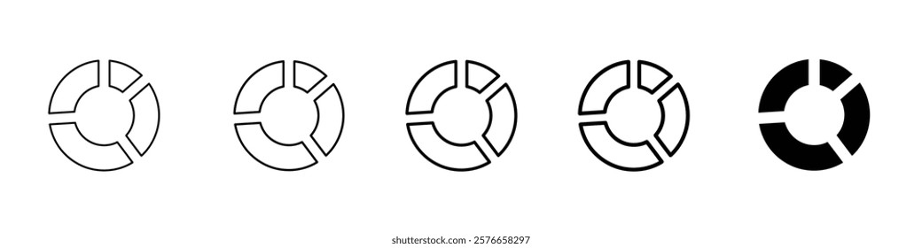 Set of 5 Donut Chart icon, 1 Silhouette, 1 unexpanded vector - Black and white outline vector icon of a donut chart for accounts, accounting, marketing, business profit, sale information