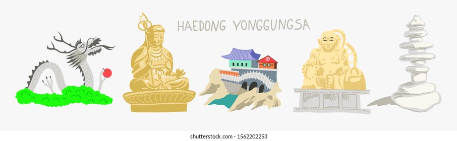 set of 5 doodle flat vector illustration of Haedong Yonggungsa seaside temple in Busan, South Korea, lovely style korean attractions