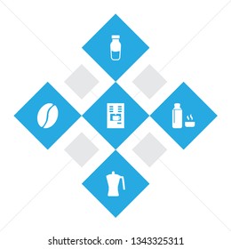 Set of 5 drink icons set. Collection of seed, espresso dispenser, latte and other elements.