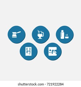Set Of 5 Drink Icons Set.Collection Of Espresso Dispenser, Latte, Cappuccino And Other Elements.