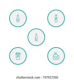 Set Of 5 Drinks Outline Icons Set.Collection Of Bottle, Mug, Champagne And Other Elements.
