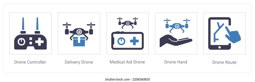 A Set Of 5 Drone Icons Such As Drone Controller, Delivery Drone And Medical Aid Drone