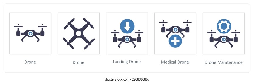 Un conjunto de 5 íconos de drones como drones, drones de aterrizaje y drones médicos