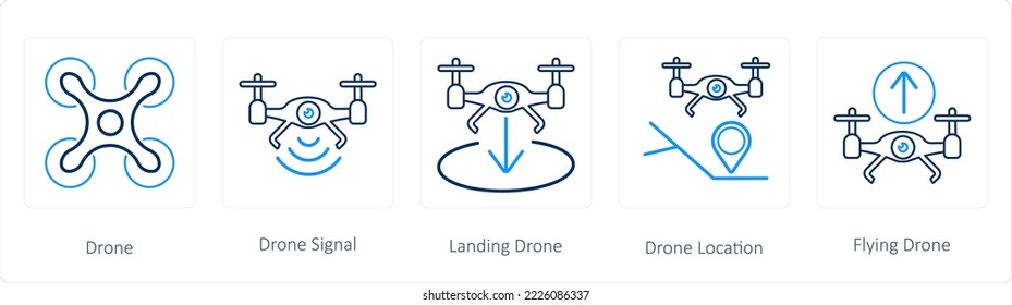 A set of 5 drone icons such as drone, drone signal