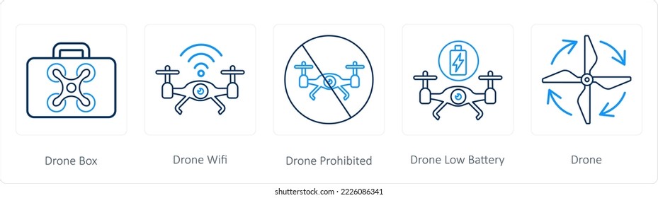 A set of 5 drone icons such as drone box, drone wifi