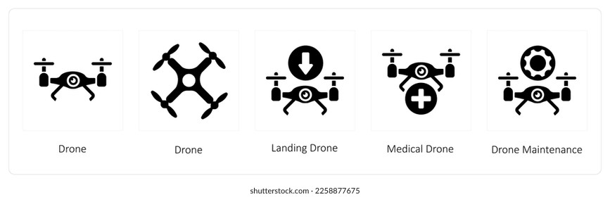 Un conjunto de 5 íconos de drones como drones, drones de aterrizaje y drones médicos