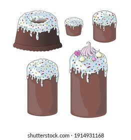 A set of 5 Easter cakes of different sizes and shapes. Stock vector illustration in cartoon style isolated on white background.