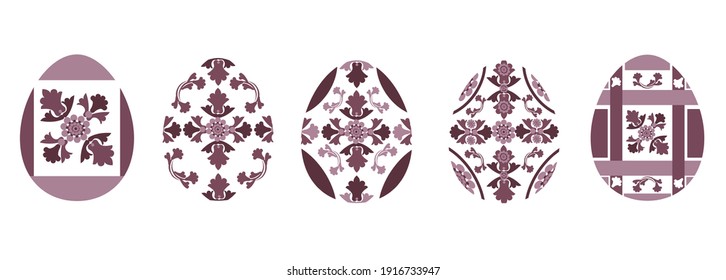 Set of 5 Easter eggs drawn in ethnic style in brown colors in a flat style. They consist of flowers and geometric shapes, inside the eggs are transparent. Stock vector illustration isolated on a white