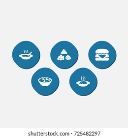 Set Of 5 Eat Icons Set.Collection Of Cereal, Broth, Risotto With Mushroom And Other Elements.