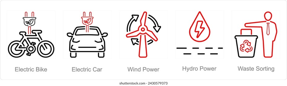 A set of 5 Ecology icons as electric bike, electric car, wind power