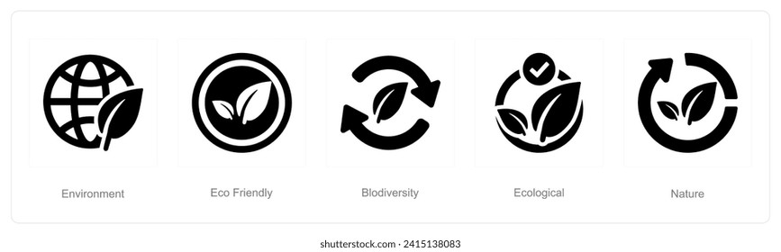 Eine Reihe von 5 ökologischen Symbolen wie Umwelt, Umweltfreundlichkeit, biologische Vielfalt