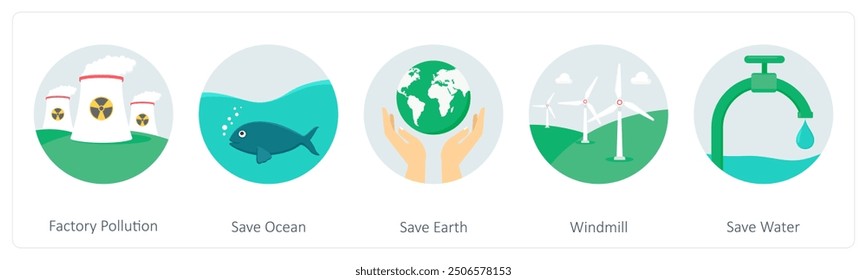 A set of 5 ecology icons as factory pollution, save ocean, save earth