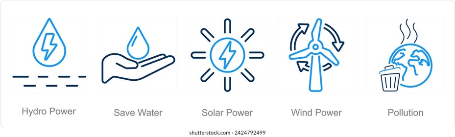 A set of 5 Ecology icons as hydro power, save water, solar power