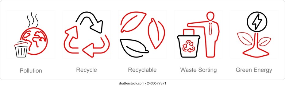 A set of 5 Ecology icons as pollution, recycle, recycable