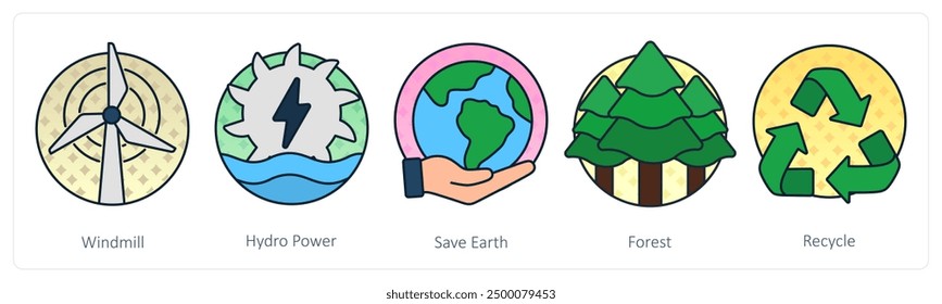 A set of 5 Ecology icons as windmill, hydro power, save earth