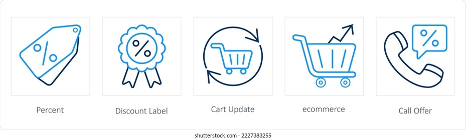 A set of 5 ecommerce and shopping icons such as discount, discount label