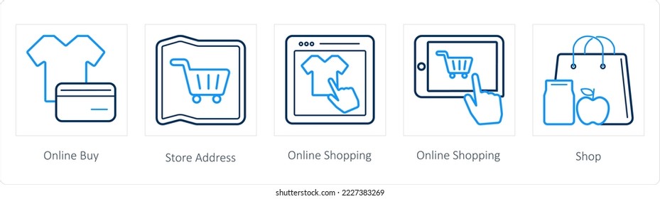 A set of 5 ecommerce and shopping icons such as online buy, store address