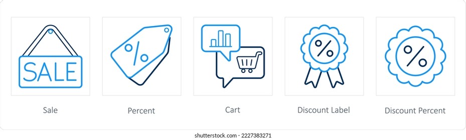 A set of 5 ecommerce and shopping icons such as sale, discount, cart
