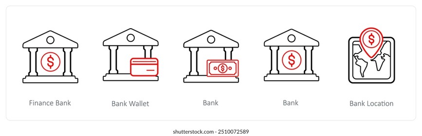 Un conjunto de 5 iconos de comercio electrónico y compras como banco financiero, cartera bancaria