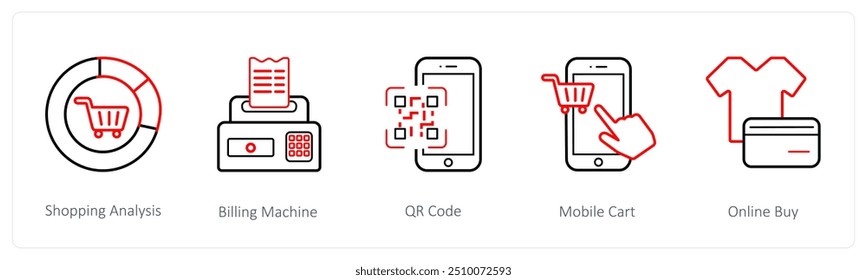 Um conjunto de 5 ícones de comércio eletrônico e compras, como análise de compras, máquina de cobrança