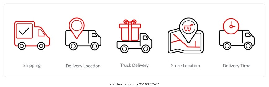 A set of 5 ecommerce and shopping icons such as shipping, delivery location