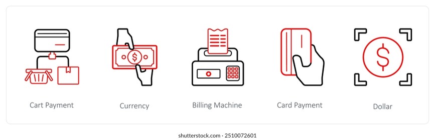 A set of 5 ecommerce and shopping icons such as cart payment, currency