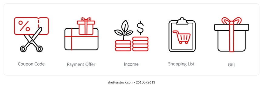 A set of 5 ecommerce and shopping icons such as coupon code, payment offer