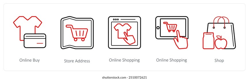 A set of 5 ecommerce and shopping icons such as online buy, store address
