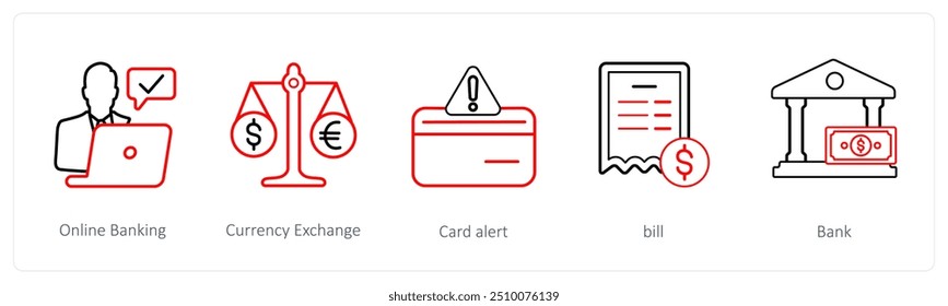 A set of 5 ecommerce and shopping icons such as online banking, currency exchange