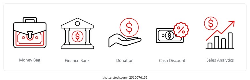 A set of 5 ecommerce and shopping icons such as money bag, finance bank, donation