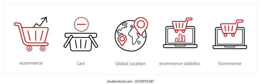 Un conjunto de 5 iconos de comercio electrónico y compras como comercio electrónico, Carrito, ubicación global