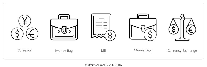 A set of 5 ecommerce and shopping icons such as currency, money bag, bill