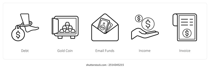 Um conjunto de 5 ícones de comércio eletrônico e compras, como dívida, moeda de ouro, fundos de email
