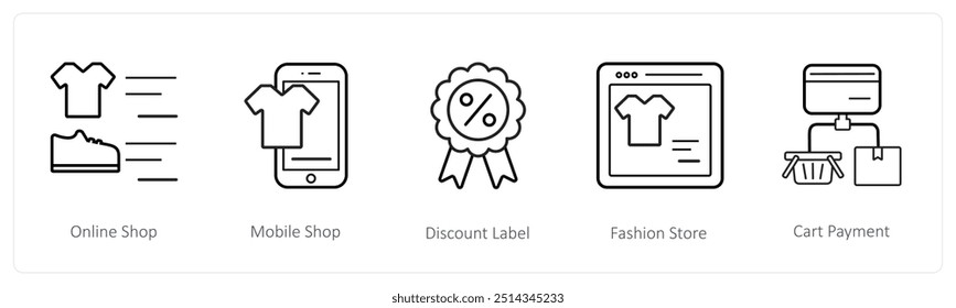 A set of 5 ecommerce and shopping icons such as online shop, mobile shop