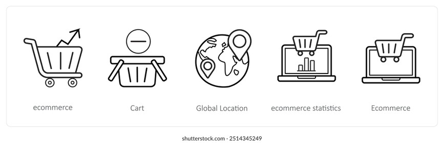 A set of 5 ecommerce and shopping icons such as ecommerce, cart, global location