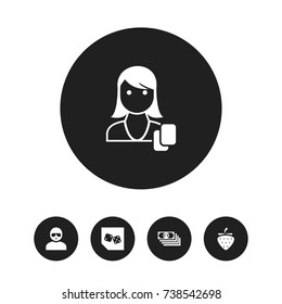 Set Of 5 Editable Business Icons. Includes Symbols Such As Dice, Strawberry, Woman Gamer And More. Can Be Used For Web, Mobile, UI And Infographic Design.