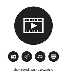Set of 5 editable cinema icons. Includes symbols such as launch broadcast, 3d vision, film ending and more. Can be used for web, mobile, UI and infographic design.