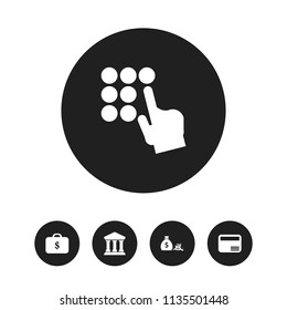 Set of 5 editable finance icons. Includes symbols such as handbag, pass code, building. Can be used for web, mobile, UI and infographic design.
