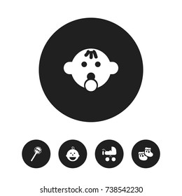 Set Of 5 Editable Infant Icons. Includes Symbols Such As Maraca, Shoes For Babies, Pacifier Sucking And More. Can Be Used For Web, Mobile, UI And Infographic Design.