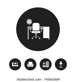 Set Of 5 Editable Interior Icons. Includes Symbols Such As Office, Cooking Furnishings And More. Can Be Used For Web, Mobile, UI And Infographic Design.