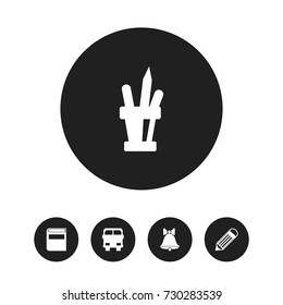 Set Of 5 Editable Knowledge Icons. Includes Symbols Such As Pen Holder, Jingle, Transport Vehicle And More. Can Be Used For Web, Mobile, UI And Infographic Design.