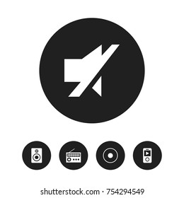 Set Of 5 Editable Multimedia Icons. Includes Symbols Such As Audio Bass, Retro Tuner, Mute And More. Can Be Used For Web, Mobile, UI And Infographic Design.
