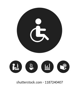 Set of 5 editable office icons. Includes symbols such as disabled sign, coffee mug, diagram and more. Can be used for web, mobile, UI and infographic design.