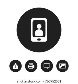 Set Of 5 Editable Office Icons. Includes Symbols Such As Message Bubble, Money Bag, Printing Machine And More. Can Be Used For Web, Mobile, UI And Infographic Design.