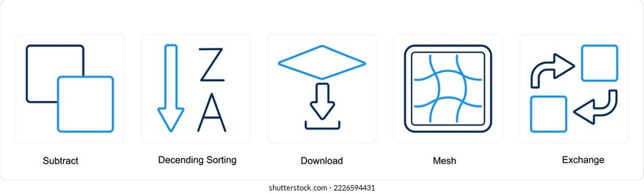 A set of 5 editing tools icons such as subtract, decending sorting