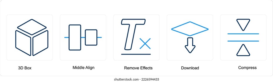 A set of 5 editing tools icons such as 3d box, middle align