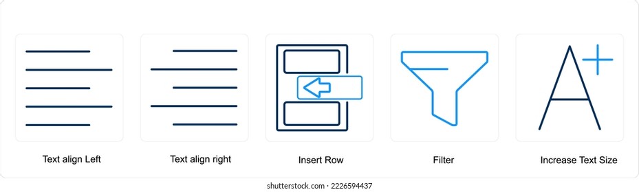 Un conjunto de 5 iconos de herramientas de edición como texto alinear a la izquierda, texto alinear a la derecha