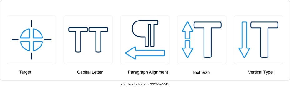 A set of 5 editing tools icons such as target, capital letter